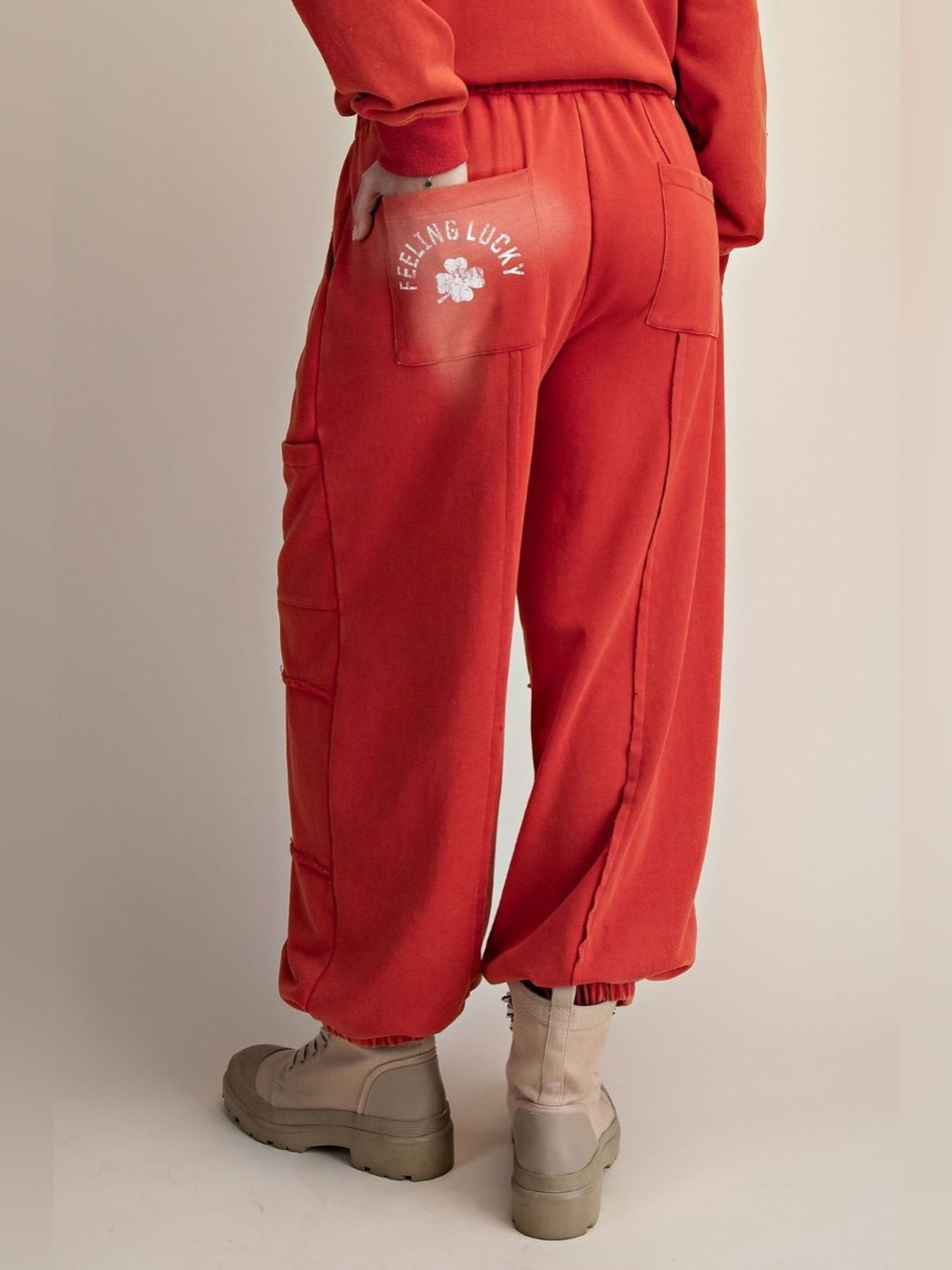 Easel Red Feeling Lucky Washed Terry Jogger Pants - Picture 3 of 3